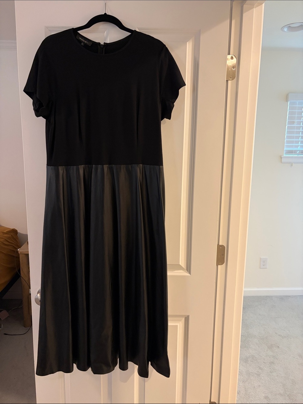 Lafayette 148 Black Short-Sleeve Midi Dress with Genuine Leather Skirt
